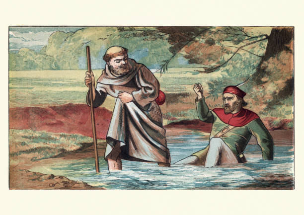 Friar Tuck and Robin Hood Vintage engraving of Friar Tuck and Robin Hood. In many tales, Tuck's first encounter with Robin results in a battle of wits in which first one and then the other gains the upper hand and forces the other to carry him across a river. This ends in the Friar tossing Robin into the river. sherwood forest illustrations stock illustrations