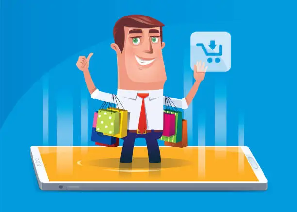 Vector illustration of man shopping via smartphone