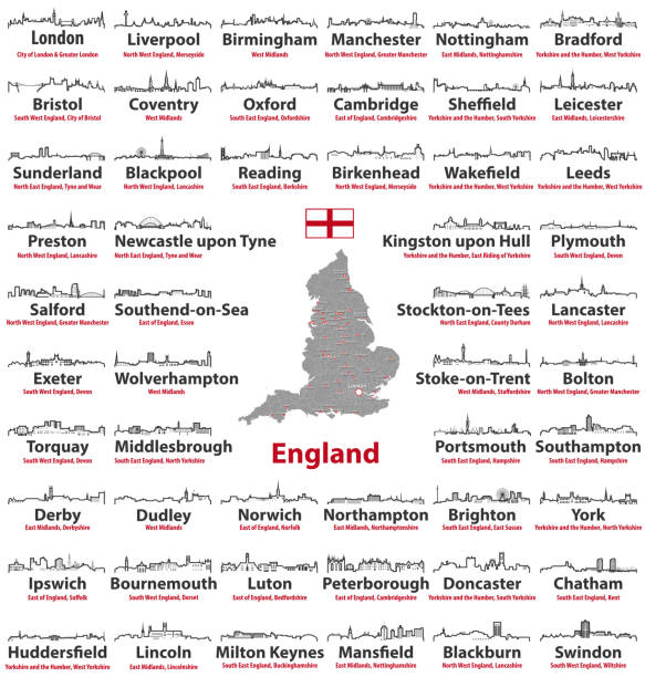 anglia miast panoramy ikony z nazwami miasta, regionu i uroczystego powiatu. flaga i mapa anglii - lancaster lancashire stock illustrations