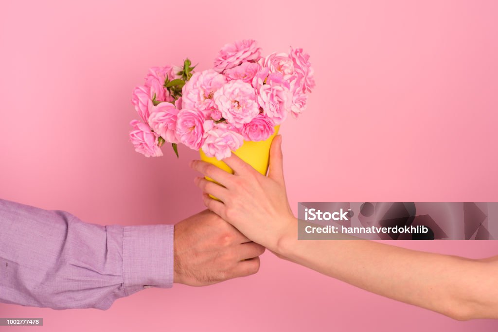 Hombre De Dar Flor Para Mujer Dos Personas Sostenga El Ramo De Flores Sobre Fondo Rosa En Estudio Conсept De Pequeños Presentes A Novia Amada Agradable Sorpresa Para La Mujer Fecha Y Hombre De Dar Flor Para Mujer Dos Personas Sostenga El Ramo De Flores Sobre Fondo Rosa En Estudio Conсept De Pequeños Presentes A Novia Amada Agradable Sorpresa Para La Mujer Fecha Y