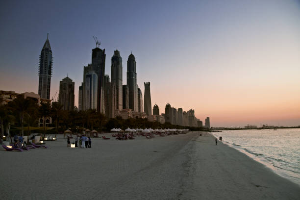 istock Dubai beach. Skyline in sunset time, United Arab Emirates 1002777492
