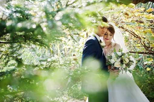 Young romantic wedding couple enjoying each other's company in the forest or park.