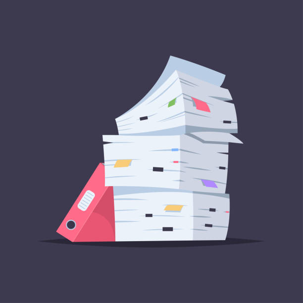 Stack of documents, files and folders. Vector cartoon flat illustration of office paper pile isolated on background. Stack of paper documents, files and folders vector cartoon flat illustration. paper stock stock illustrations