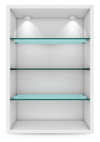 Empty white showcase with glass shelves for exhibition. islolated on white with clipping path. 3d rendering