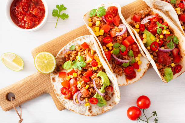 istock mexican beef and pork tacos with salsa, guacamole and vegetables 1002801204