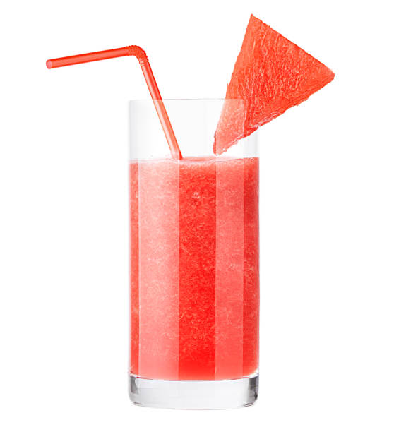 watermelon juice, clipping path, red smoothie, slice of watermelon on a glass, straw, on white background isolated
