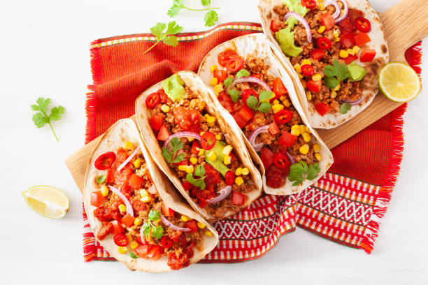 istock mexican beef and pork tacos with salsa, guacamole and vegetables 1002804674