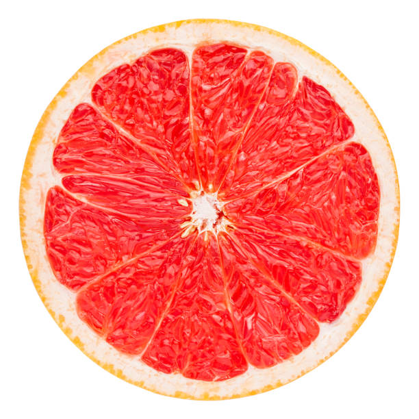 red grapefruit slice, clipping path, isolated on white background stock photo