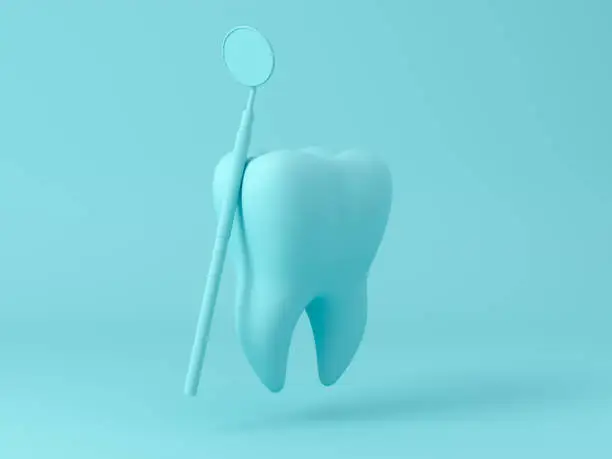 Photo of Teeth with dental plaque tool. Concept Dental care cleaning bacterial plaque on pastel background. Minimal flat lay concept. 3d render