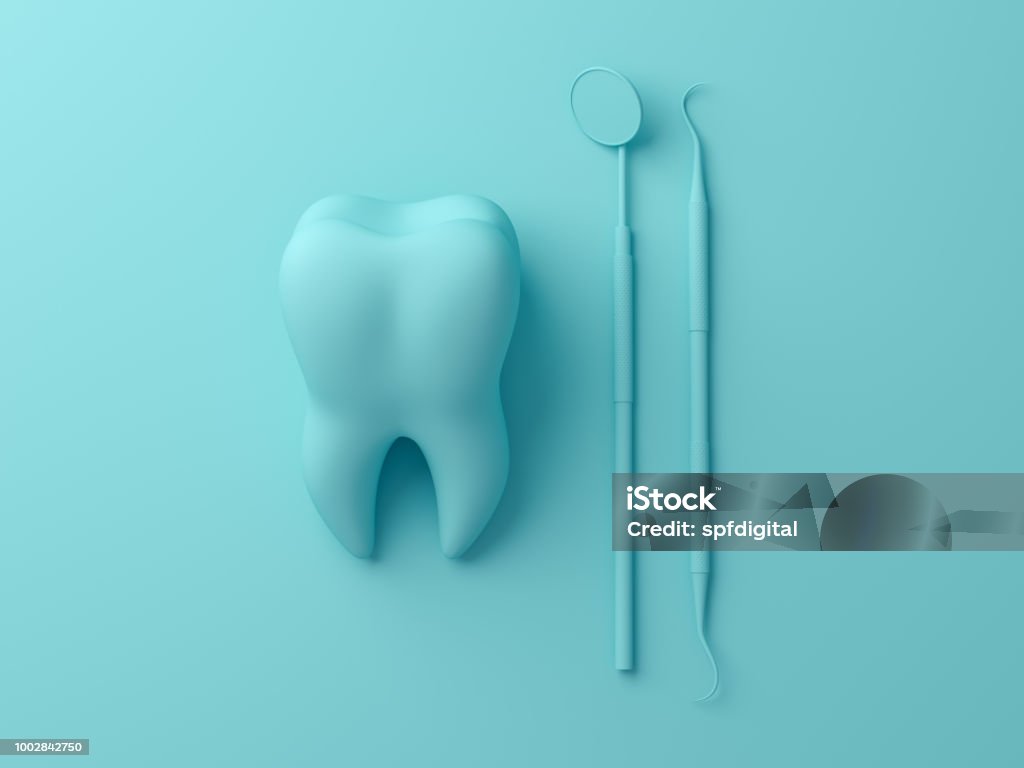 Teeth with dental plaque tool. Concept Dental care cleaning bacterial plaque on pastel background. Minimal flat lay concept. 3d render Dentist Stock Photo