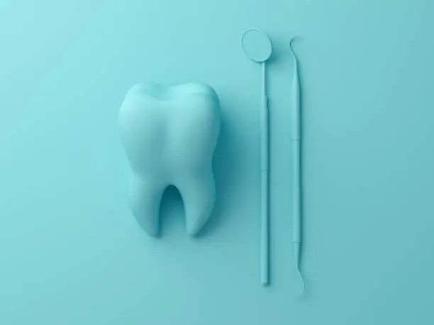 Photo of Teeth with dental plaque tool. Concept Dental care cleaning bacterial plaque on pastel background. Minimal flat lay concept. 3d render