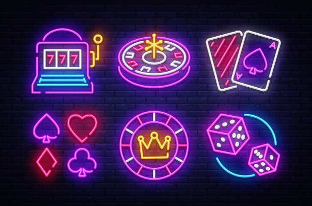 Casino neon collection vector icons. Casino Emblems and Labels, Bright Neon Sign, Slot Machine, Roulette, Poker, Dice Game. Vector illustration Casino neon collection vector icons. Casino Emblems and Labels, Bright Neon Sign, Slot Machine, Roulette, Poker, Dice Game. Vector illustration. poker card game stock illustrations