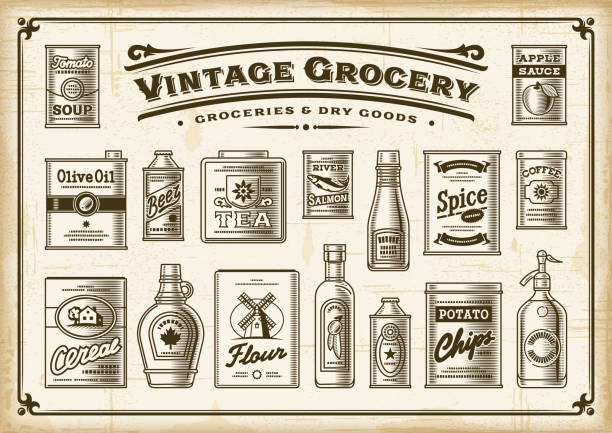 illustrazioni stock, clip art, cartoni animati e icone di tendenza di set di alimentari vintage. un colore - siphon