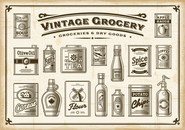Vintage Grocery Set. One Color A set of vintage one-colored groceries in retro woodcut style. EPS10 vector illustration with transparency. supermarket borders stock illustrations