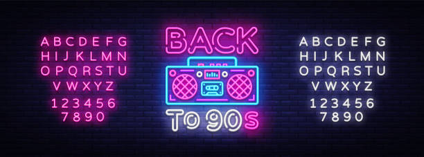 Back to 90s neon poster, card or invitation, design template. Retro tape recorder neon sign, light banner. Back to the 90s. Vector illustration in trendy 80s-90s neon style. Editing text neon sign Back to 90s neon poster, card or invitation, design template. Retro tape recorder neon sign, light banner. Back to the 90s. Vector illustration in trendy 80s-90s neon style. Editing text neon sign. 1990s style stock illustrations