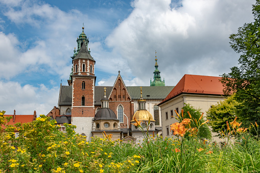 Summer flowers in front of the Wawel Cathedral in Krakow, Poland