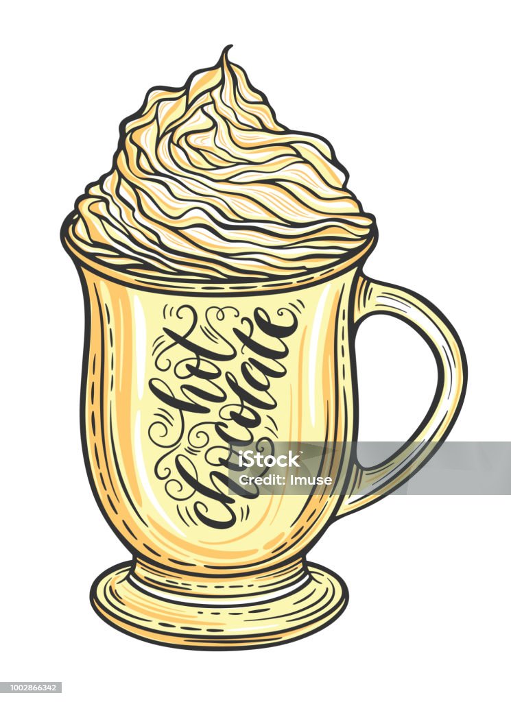 Decorative hand drawn doodle vector illustration. Hot chocolate or coffee in a mug with whipped caramel Abstract stock vector