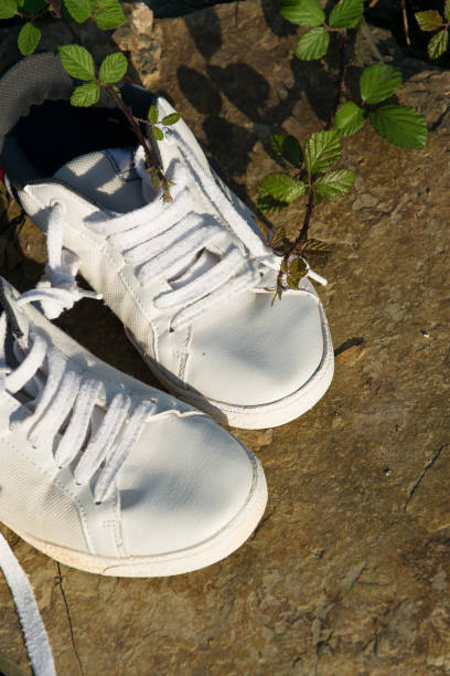 istock Top view of white sneakers on mountain rock background 1002868794