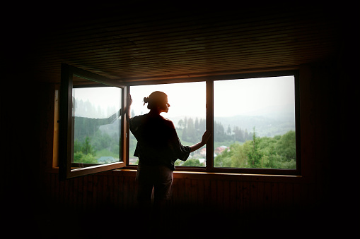 Photograph of the inside of an empty dry sauna with large windows. Walls and benches made of wood and a tile floor. A woman is standing by the large window, looking out at the view of the Swedish west coast.