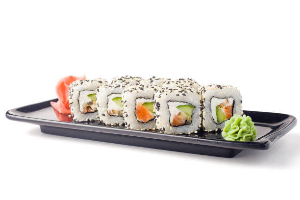 참 깨, 흰색 배경, 고립으로 롤 - sushi japan maki sushi salmon 뉴스 사진 이미지