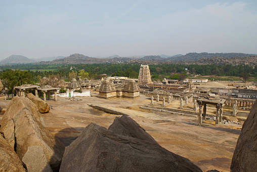 Group of Shiva temples, Hemakuta Hill, Hampi, Karnataka, India. Sacred Center. Shiva temples and Virupaksha tower is clearly seen.