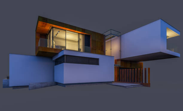 istock 3d rendering of modern cozy house at night isolated on gray. 1002893062