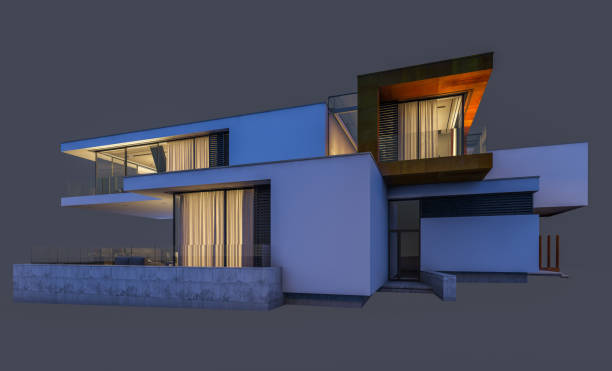 istock 3d rendering of modern cozy house at night isolated on gray. 1002893072