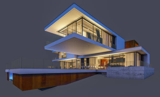 istock 3d rendering of modern cozy house at night isolated on gray. 1002893134