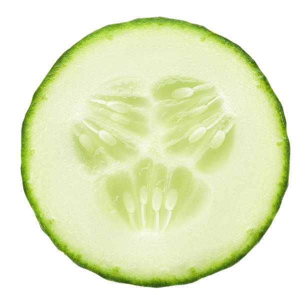 fresh juicy slice cucumber on a white background, isolated, clipping path - one slice imagens e fotografias de stock
