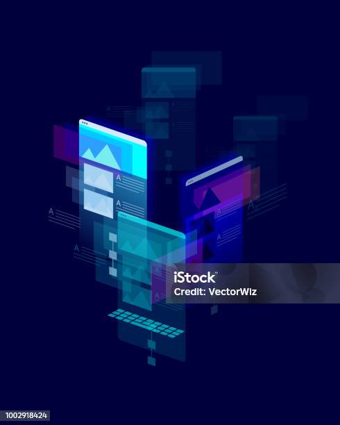 Maroon Interface Mobile Multicolor Isometric User Interface On Dark Blue Background ...