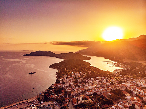 Sunset landscape with Plage du Sagnone, Corsica island, France