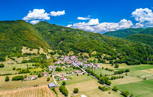 Aerial view of Coisia, a village in the Jura department of Bourgogne-Franche-Comte, France