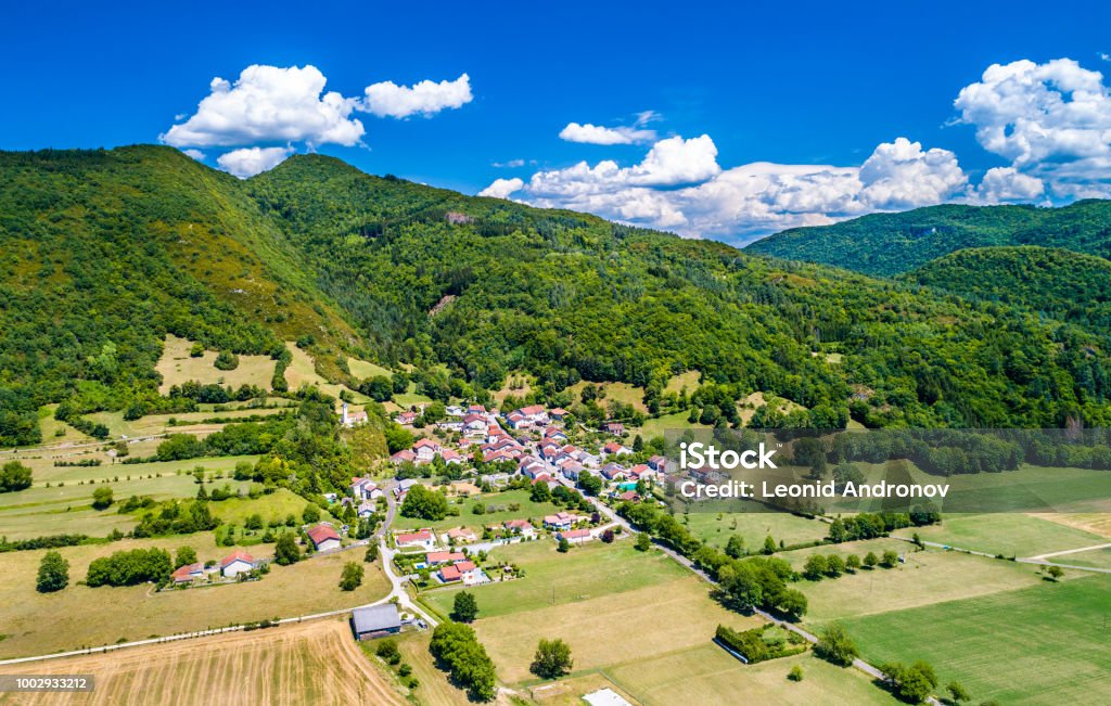 Aerial view of Coisia, a village in the Jura department of France Aerial view of Coisia, a village in the Jura department of Bourgogne-Franche-Comte, France Jura - France Stock Photo