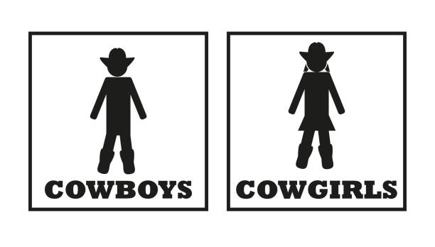 Cowboys and cowgirls vector toilet signs Black icons of cowboys and cowgirls vector toilet or wc signs isolated on the white background. designate stock illustrations