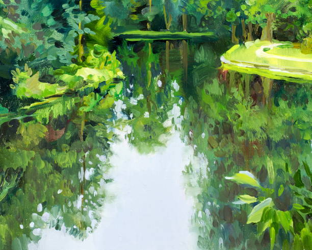 istock Texture, pattern, background. picture is drawn with oil paint.  Lake in the summer park, trees reflected in the water lilies grow on the lake 1002936998