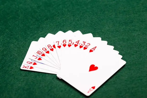 A full suit of thirteen Hearts playing-cards laid out in a fan shape on a green baize background