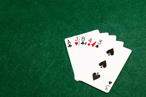 High card, the lowest value hand in poker. five cards of different values from two or more suits.