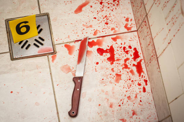 Crime sceneBloody knife in the bathroom - Attacks the knife Color Image, Crime, Domestic Bathroom, Domestic Room, Human Blood, Murderer in bathroom, Flooring, Tile, Tiled Floor, Blood, Knife - Weapon serial killings photos stock pictures, royalty-free photos & images