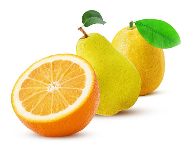 istock Mandarin cut in half, pear and lemon with leaf 1002986612
