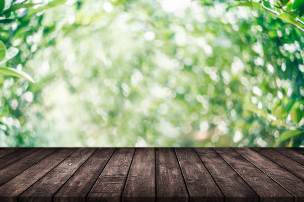 istock Wooden table in garden of spring time on blur background 1002986838