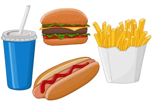 Vector illustration of Fast food. Hand drawn colored sketch