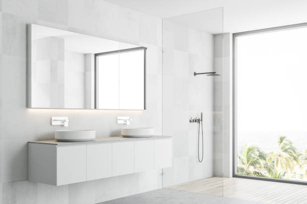 istock White Scandinavian bathroom corner, double sink 1002992832