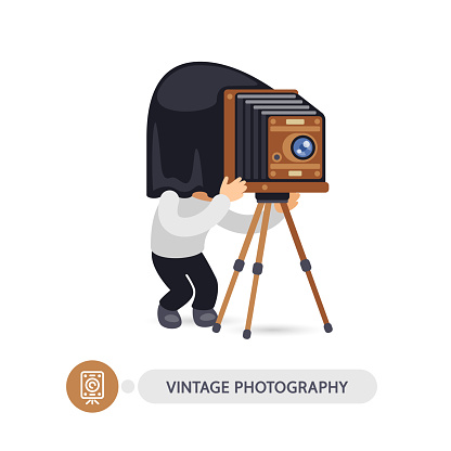 Cartoon flat character of vintage photographer with old camera. Isolated on white background. Clipping paths included.