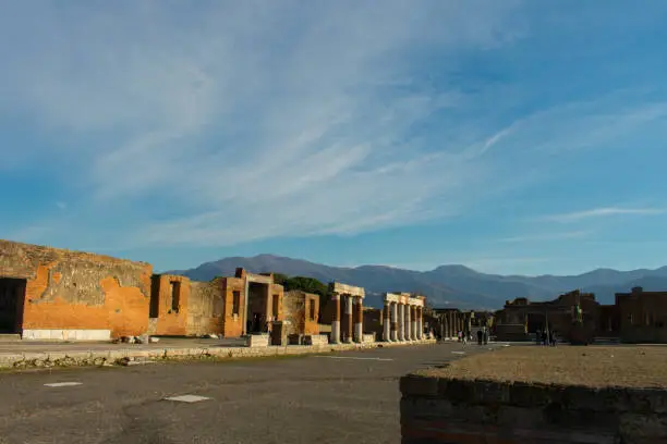 Photo of old ancient ruins of Pompeii city destroyed by Vesuvius volcano. most popular and famous place in italy