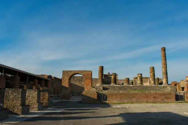 Photo of old ancient ruins of Pompeii city destroyed by Vesuvius volcano. most popular and famous place in italy
