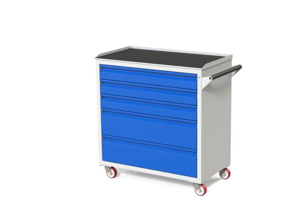 istock Metal tool cabinet-table on wheels with drawers. A convenient place for storing tools and spare parts. Service Garage Tools Box. 3D-model rendering of the table for shooting from above. 1002999912
