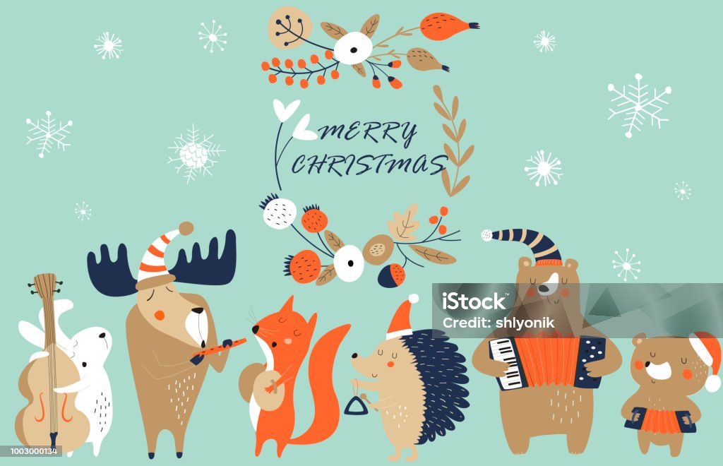 xmasmusicband2bluered Vector christmas greeting card with cute music animal band in cartoon style Christmas stock vector