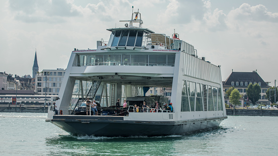 Romanshorn, Switzerland - July 8, 2018: The ferry on Lake Constance connects the German Friedrichshafen with the Swiss town of Romanshorn.