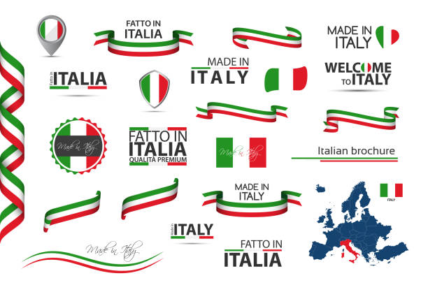 большой набор италь янских лент, символов, икон и флагов, изолированных на белом фоне, сделано в италии, добро пожаловать в италию, премиум ка - италия stock illustrations