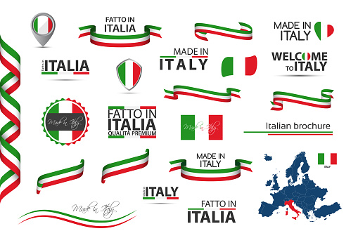 Big set of Italian ribbons, symbols, icons and flags isolated on a white background, Made in Italy, Welcome to Italy, premium quality, Italian tricolor, set for your infographics and templates